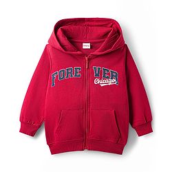 Babyhug Terry Knit Full Sleeves Hooded Sweatjacket & Lounge Pant Set With Forever Chicago Print - Maroon & Blue