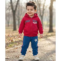 Babyhug Terry Knit Full Sleeves Hooded Sweatjacket & Lounge Pant Set With Forever Chicago Print - Maroon & Blue