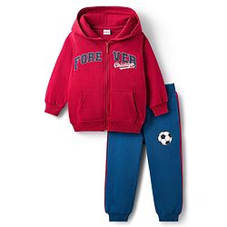 Babyhug Terry Knit Full Sleeves Hooded Sweatjacket & Lounge Pant Set With Forever Chicago Print - Maroon & Blue