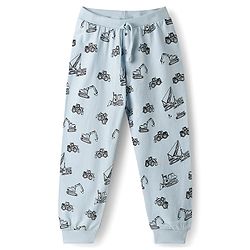 Babyhug Single Jersey Knit Full Length Lounge Pant with Vehicle Print - Light Blue