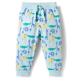 Babyhug Single Jersey Knit Full Length Lounge Pant With Jungle Theme Print - Blue