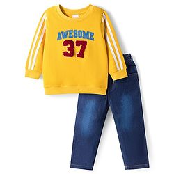 Babyhug Terry Knit Full Sleeves T-Shirt & Denim Jeans Set with Awesome Print - Yellow & Blue