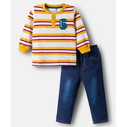 Babyhug Terry Knit Full Sleeves Striped T-Shirt & Denim Jeans Set with Patch Detailing -Blue