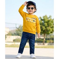 Babyhug Terry Knit Full Raglan Sleeves T-Shirt & Denim Jeans Set With Text Print - Yellow & Blue
