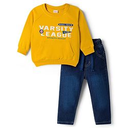 Babyhug Terry Knit Full Raglan Sleeves T-Shirt & Denim Jeans Set With Text Print - Yellow & Blue