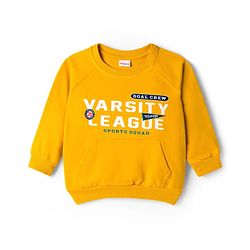 Babyhug Terry Knit Full Raglan Sleeves T-Shirt & Denim Jeans Set With Text Print - Yellow & Blue