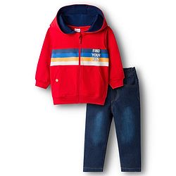 Babyhug Terry Knit Full Sleeves Hooded T-Shirt & Denim Jeans Set with Find Your Fun Print -Blue & Red