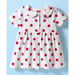 Babyhug 100% Cotton Knit Half Sleeves Polka Dots Printed Frock With Bloomer - White & Red