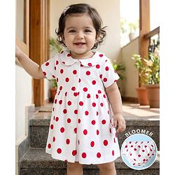 Babyhug 100% Cotton Knit Half Sleeves Polka Dots Printed Frock With Bloomer - White & Red