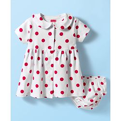 Babyhug 100% Cotton Knit Half Sleeves Polka Dots Printed Frock With Bloomer - White & Red