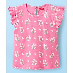 Babyhug Cotton Knit Frill Sleeves T-Shirts with Jungle Theme Print Pack of 3 - Yellow Pink & White