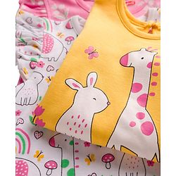 Babyhug Cotton Knit Frill Sleeves T-Shirts with Jungle Theme Print Pack of 3 - Yellow Pink & White