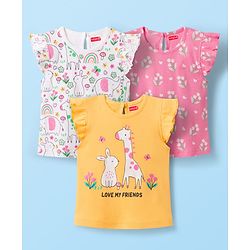 Babyhug Cotton Knit Frill Sleeves T-Shirts with Jungle Theme Print Pack of 3 - Yellow Pink & White