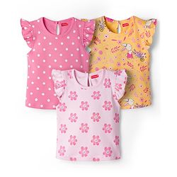 Babyhug Cotton Knit Frill Sleeves T-Shirts with Jungle Theme Print Pack of 3 - Multicolor