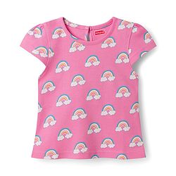 Babyhug Cotton Knit Half Cap Sleeves T-Shirt with Rainbow Print - Pink