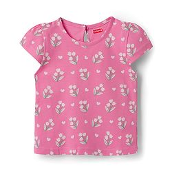 Babyhug Cotton Knit Half Cap Sleeves T-Shirt with Floral Print - Pink
