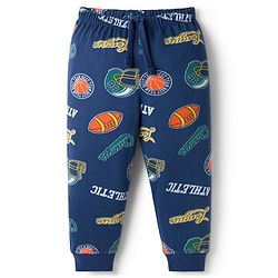 Babyhug Single Jersey Knit Full Length Lounge Pant with Sport Print - Navy Blue