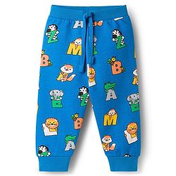 Babyhug Single Jersey Knit Full Length Lounge Pant With Animal & Alphabet Print - Blue