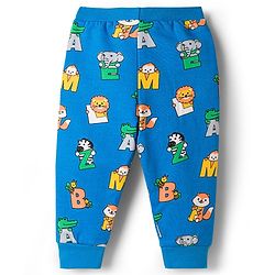 Babyhug Single Jersey Knit Full Length Lounge Pant With Animal & Alphabet Print - Blue
