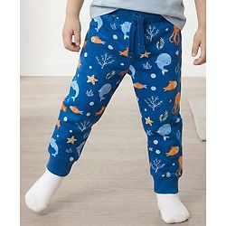 Babyhug Single Jersey Knit Full Length Lounge Pant With Sea Animals Print - Navy Blue