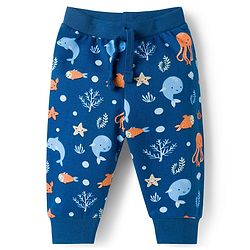 Babyhug Single Jersey Knit Full Length Lounge Pant With Sea Animals Print - Navy Blue