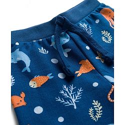 Babyhug Single Jersey Knit Full Length Lounge Pant With Sea Animals Print - Navy Blue