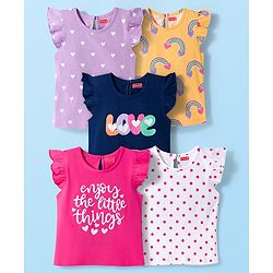 Babyhug 100% Cotton Knit Frill Sleeves T-Shirts with Heart Rainbow & Text Print Pack of 5 - Multicolor