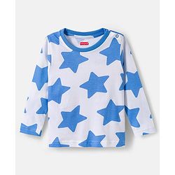 Babyhug Cotton Knit Full Sleeves Co-ords Night Suit With Star Print - White & Blue