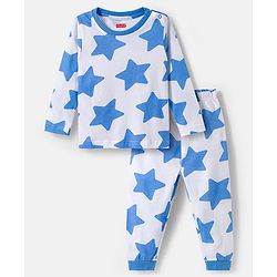 Babyhug Cotton Knit Full Sleeves Co-ords Night Suit With Star Print - White & Blue
