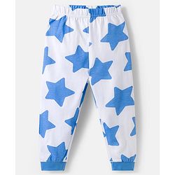 Babyhug Cotton Knit Full Sleeves Co-ords Night Suit With Star Print - White & Blue