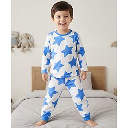 Babyhug Cotton Knit Full Sleeves Co-ords Night Suit With Star Print - White & Blue