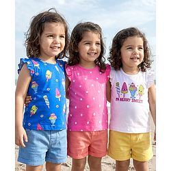Babyhug Cotton Knit Frill Sleeves T-Shirts With Ice Cream & Polka Dot Print Pack of 3 - Blue Pink & White