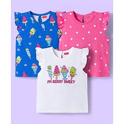 Babyhug Cotton Knit Frill Sleeves T-Shirts With Ice Cream & Polka Dot Print Pack of 3 - Blue Pink & White
