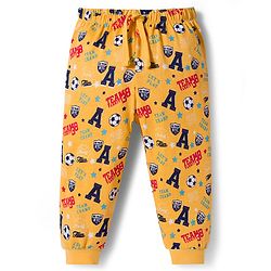 Babyhug Single Jersey Knit Full Length Lounge Pant With Soccer Print - Yellow