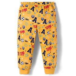 Babyhug Single Jersey Knit Full Length Lounge Pant With Soccer Print - Yellow