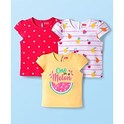 Babyhug Cotton Knit Cap Sleeves T-Shirts With Fruit & Heart Print Pack of 3 - Yellow Red & White