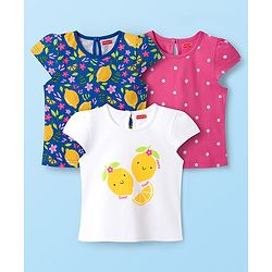 Babyhug Half Cap Sleeves T-Shirts with Tropical Theme & Polka Dot Print Pack of 3 - White Navy Blue & Pink