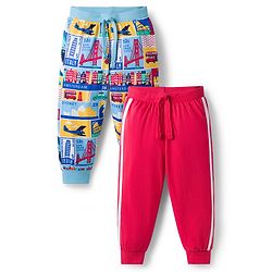 Babyhug Single Jersey Knit Full Length Lounge Pants with City Print Pack of 2 - Red & Light Blue