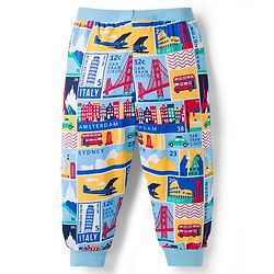 Babyhug Single Jersey Knit Full Length Lounge Pants with City Print Pack of 2 - Red & Light Blue