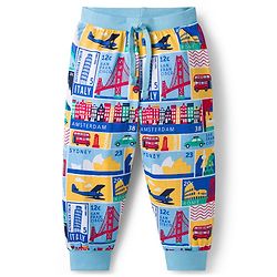 Babyhug Single Jersey Knit Full Length Lounge Pants with City Print Pack of 2 - Red & Light Blue