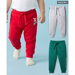Babyhug Single Jersey Knit Full Length Solid Lounge Pants with Text Print Pack of 3 - Green Red & Grey