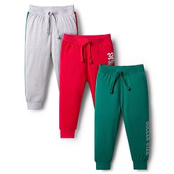 Babyhug Single Jersey Knit Full Length Solid Lounge Pants with Text Print Pack of 3 - Green Red & Grey