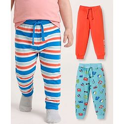 Babyhug Single Jersey Knit Full Length Lounge Pant with Stripes & Prints Pack of 3 - Multicolor
