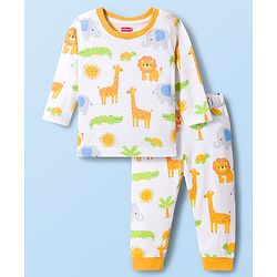 Babyhug Cotton Knit Full Sleeves Jungle Theme Animal Printed T-Shirt & Pyjama Co- Ord Night Suit - White