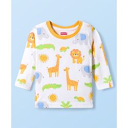 Babyhug Cotton Knit Full Sleeves Jungle Theme Animal Printed T-Shirt & Pyjama Co- Ord Night Suit - White