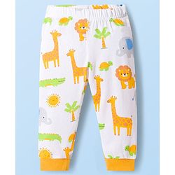 Babyhug Cotton Knit Full Sleeves Jungle Theme Animal Printed T-Shirt & Pyjama Co- Ord Night Suit - White