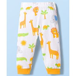 Babyhug Cotton Knit Full Sleeves Jungle Theme Animal Printed T-Shirt & Pyjama Co- Ord Night Suit - White