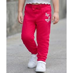 Babyhug Single Jersey Knit Full Length Lounge Pant with Butterfly Print - Red