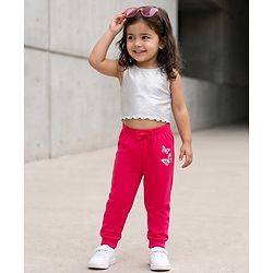 Babyhug Single Jersey Knit Full Length Lounge Pant with Butterfly Print - Red