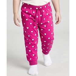Babyhug Single Jersey Knit Full Length Lounge Pant With Heart Print - Dark Pink